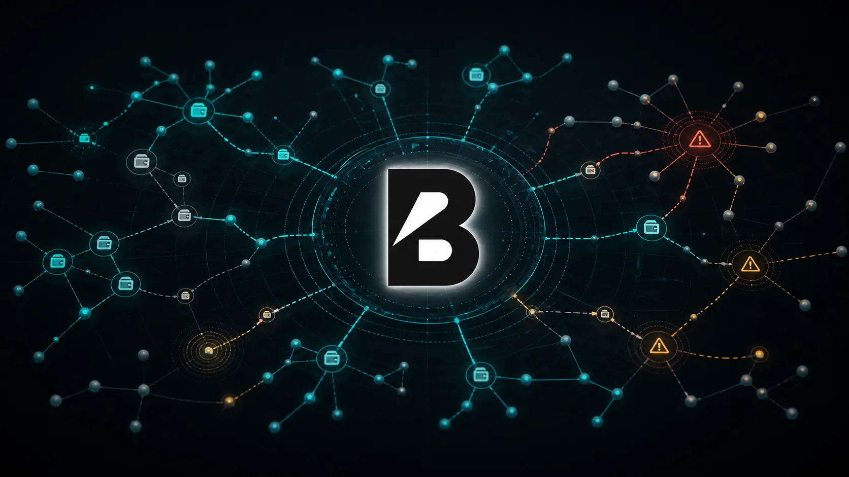 Badasya logo at the center of a network mapping Web3 scam patterns and warning signals